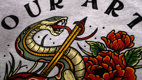 An image of a snake holding an arrow with flowers