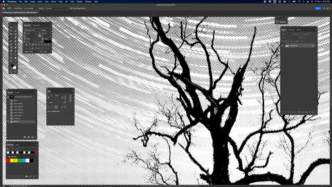 a zoomed in photo of a tree that has been converted into halftones