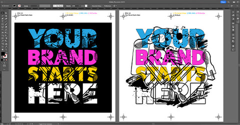 Un diseño que lee "Su marca comienza aquí" en azul, rosa, amarillo y blanco en prendas en blanco y negro uno al lado del otro en Adobe Illustrator