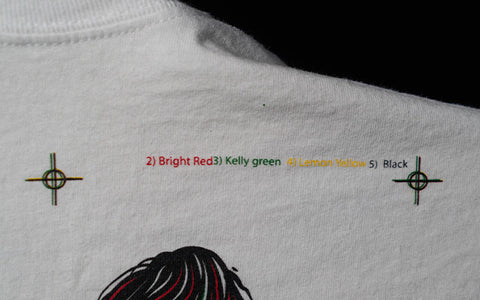 Una impresión con marcas de registro que no están del todo en Registro, y palabras de los colores de tinta que leen a Kelly Green, Red brillante, amarillo limón y negro