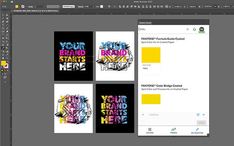 a design in adobe illustrator with pantone yellows next to it