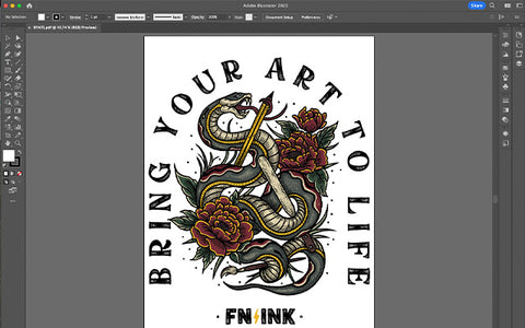 Una imagen en Adobe Illustrator de una serpiente que lee "Da vida a tu arte"