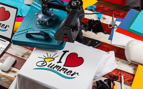 a DTF transfer pressed onto a shirt reading "I *heart emoji* summer"