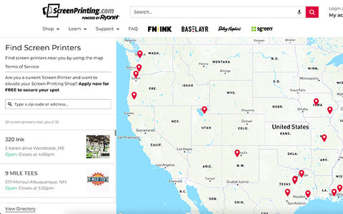 a map of the United States with screen printers' shops listed on the left side and red markers indicating their location on the map