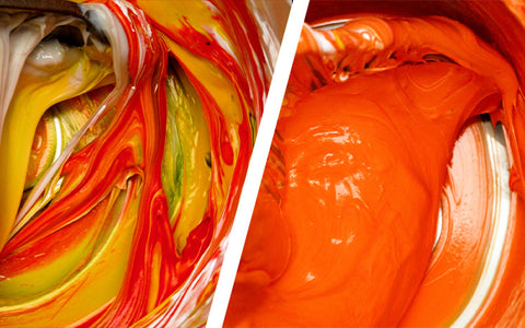 a compare and contrast photo – left side has yellow, red, and white ink mixed up where the right side shows a blended orange ink