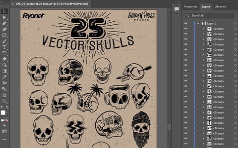 a vector pack of line art skulls