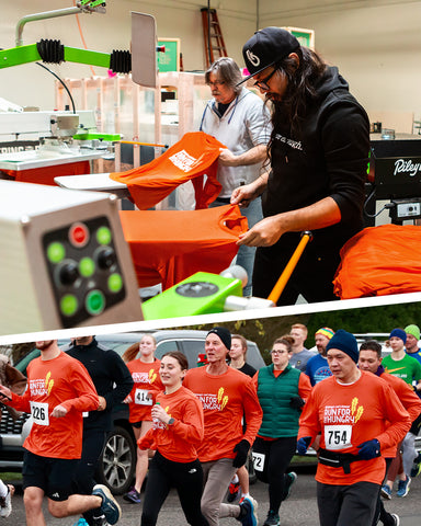 Ryonet employee printing Run For The Hungry on a ROQ Automatic Press