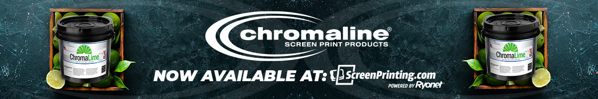 Image of 2 Gallons of Chromaline Chromalime Emulsion sitting in crates of limes on a textured background, also featuring the Chromaline & ScreenPrinting.com Logos
