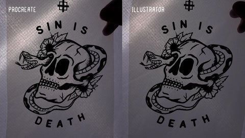 Side by side comparison of transparencies printed from Procreate (left) and Adobe Illustrator (right)