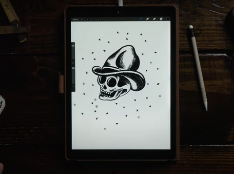 un cráneo con un diseño de sombrero de vaquero en un iPad