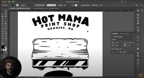 Ilustrador con una escobilla y texto que dice Hot Mama Print Shop