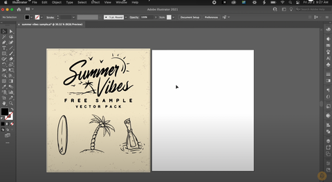 A blank art board in Adobe Illustrator next to a sample vector pack