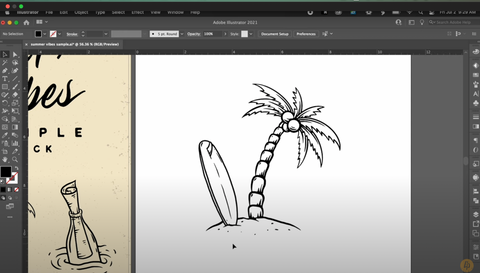 A design with a palm tree and surfboard stuck in the sand next to it at an angle