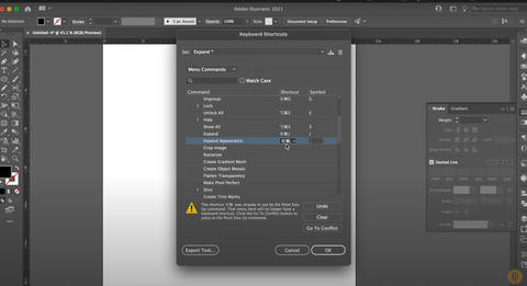 Una ventana emergente en Adobe Illustrator que muestra cómo crear una tecla de acceso rápido personalizada