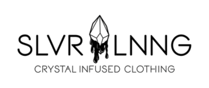 a logo of "SLVR LNNG" clothing with a crystal dripping with ink