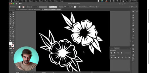 Un contorno blanco de una flor al lado de su versión invertida en Adobe Illustrator