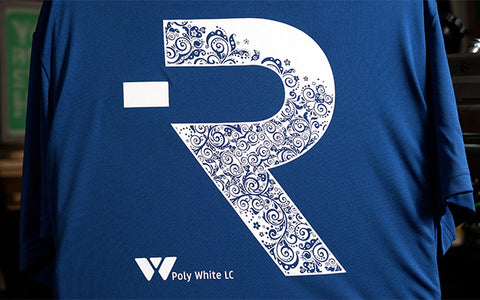 a white R printed on a blue shirt