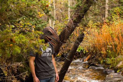 person wearing a dino mask out in the forest