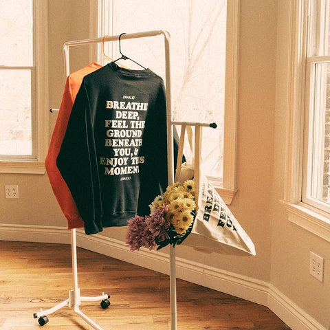 Shirts hang on a hanger in a room with a bag full of flowers