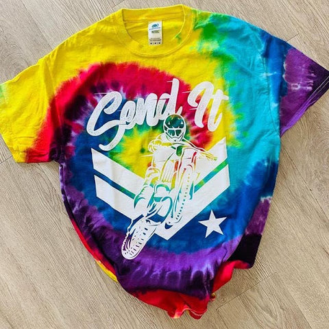 A tie-dyed shirt reading "send it."