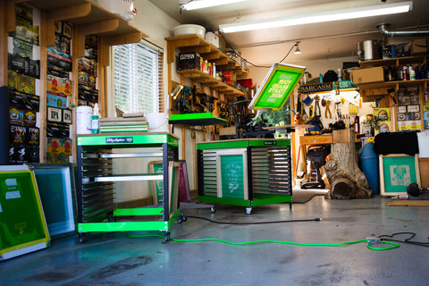 A screen print shop in a garage