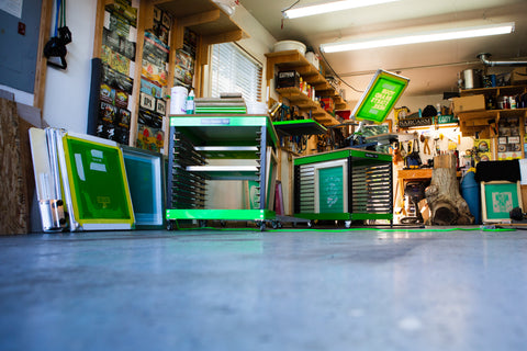 a shop set up in a garage