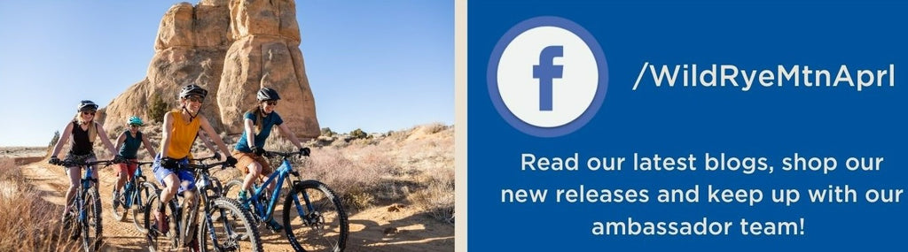 A group of cyclists riding on a trail with a Facebook logo and text promoting blog updates and ambassador team.