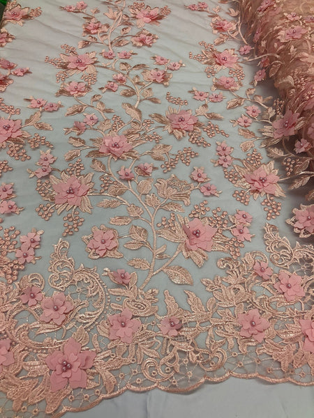Beaded Lace Fabric - Blush Pink 3D Flower/Floral Lace Fabric-Pearl Fab ...