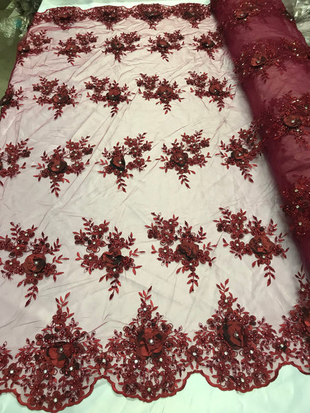 burgundy beaded lace fabric