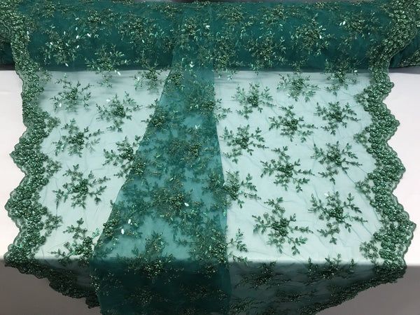 green beaded lace fabric