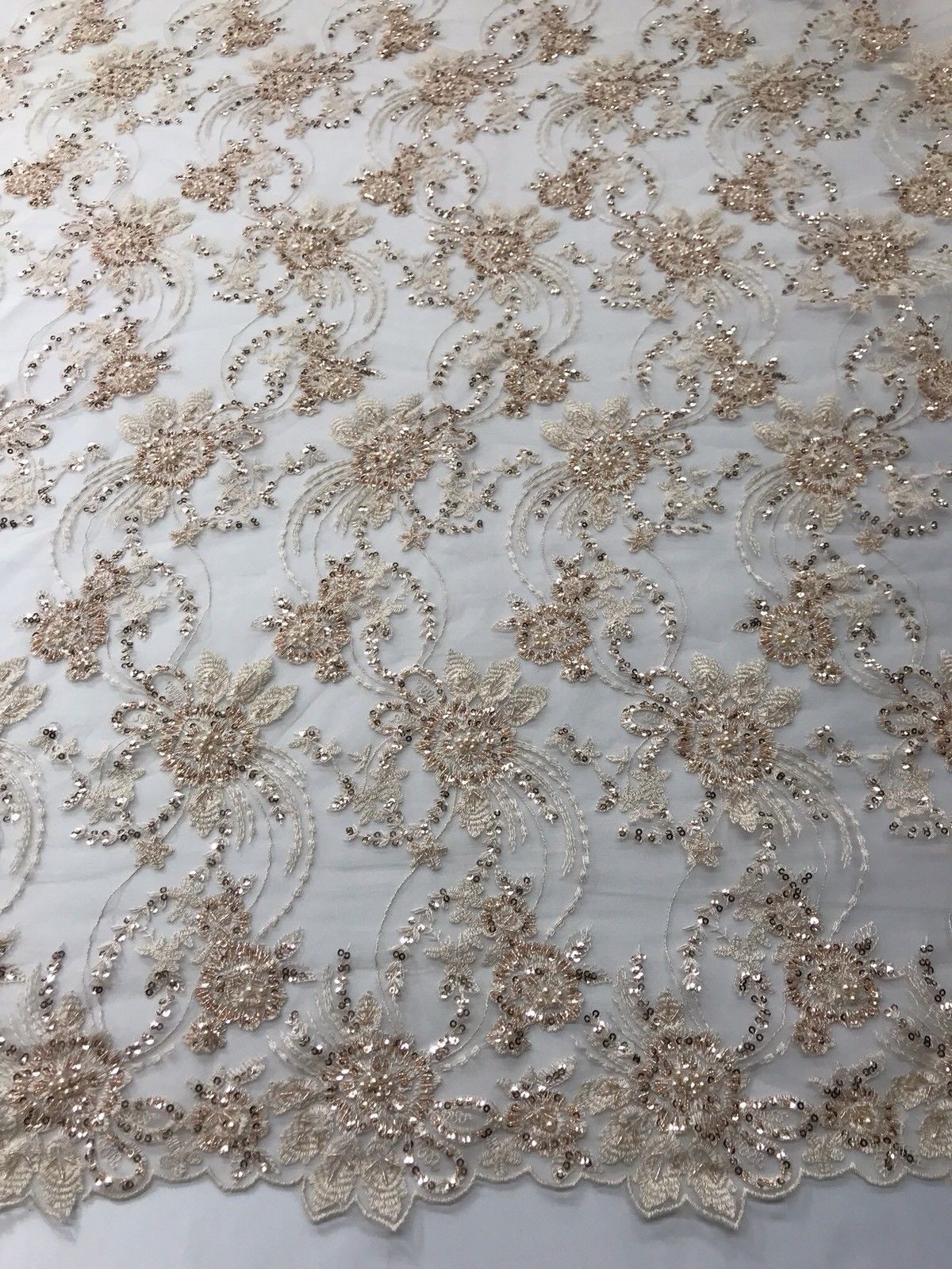 BRIDAL PEACH HAND BEADED FLORAL DESIGN EMBROIDER ON MESH LACE-SOLD BY ...