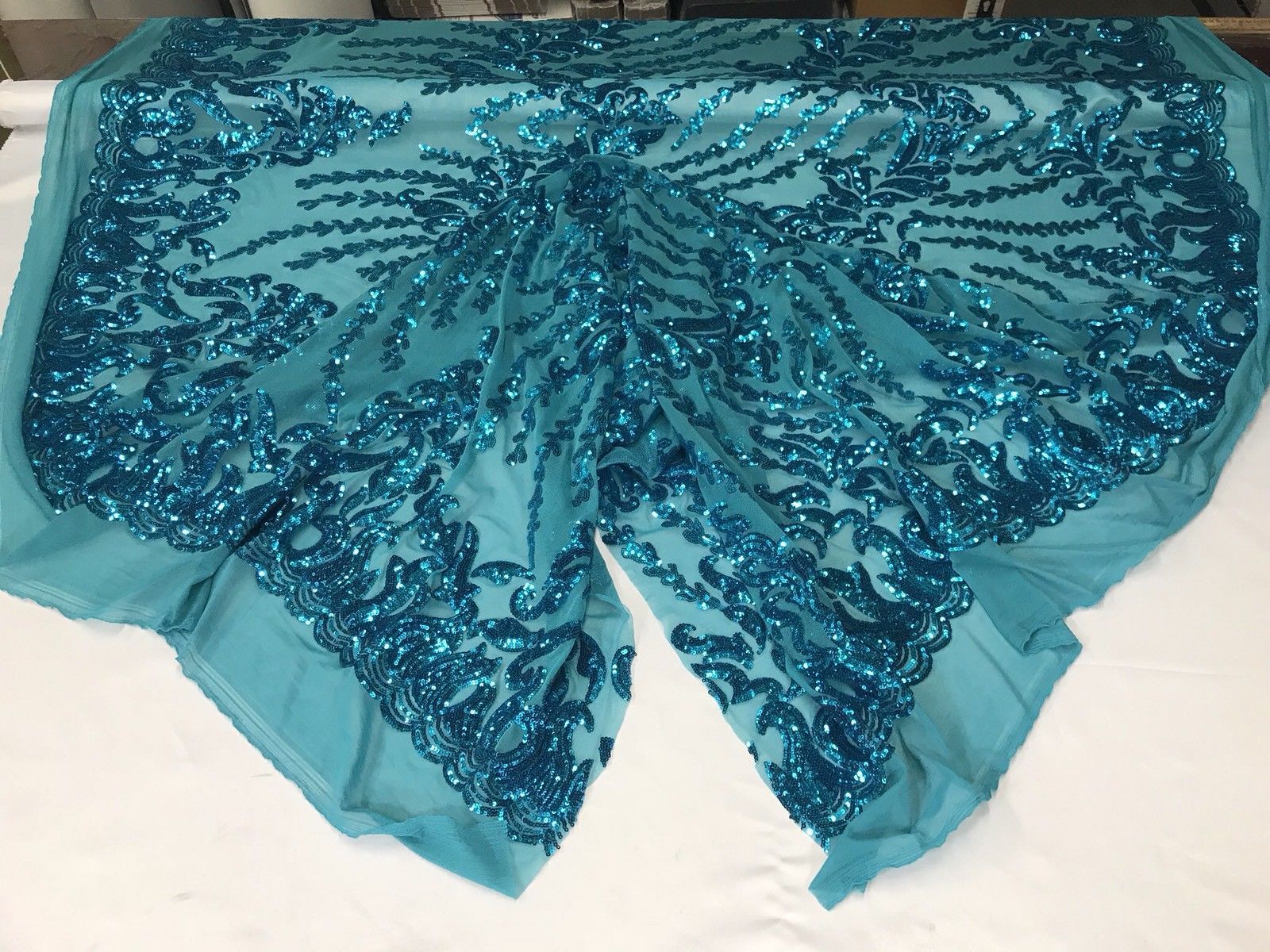 4 Way Stretch Sequins Fabric By Yard Turquoise Embroidered Mesh Dress ...
