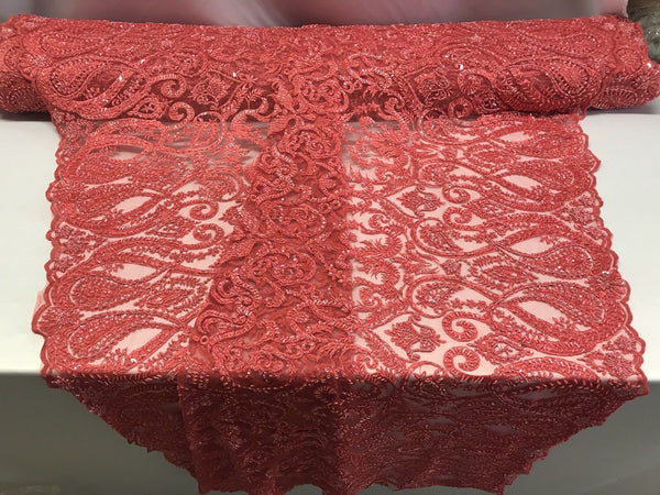 coral lace fabric by the yard