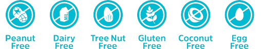 Free from: peanuts, dairy, tree nuts, gluten, coconuts, egg