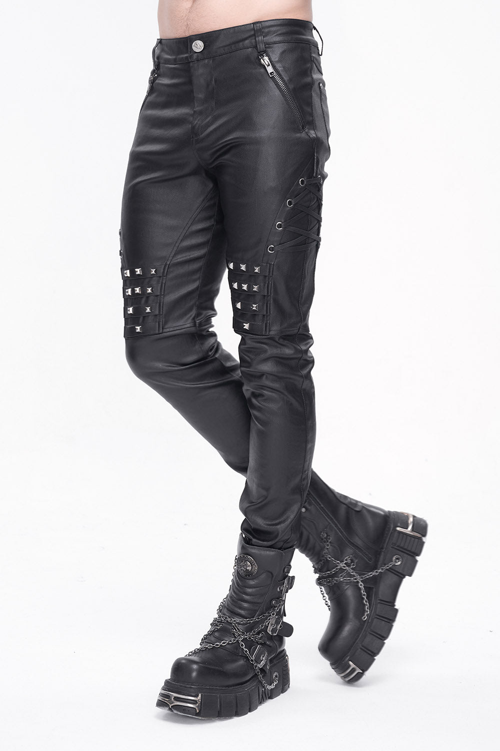 Gothic Punk Fashion Men Faux Leather Pants with Buckle Application Det –  FanFreakz