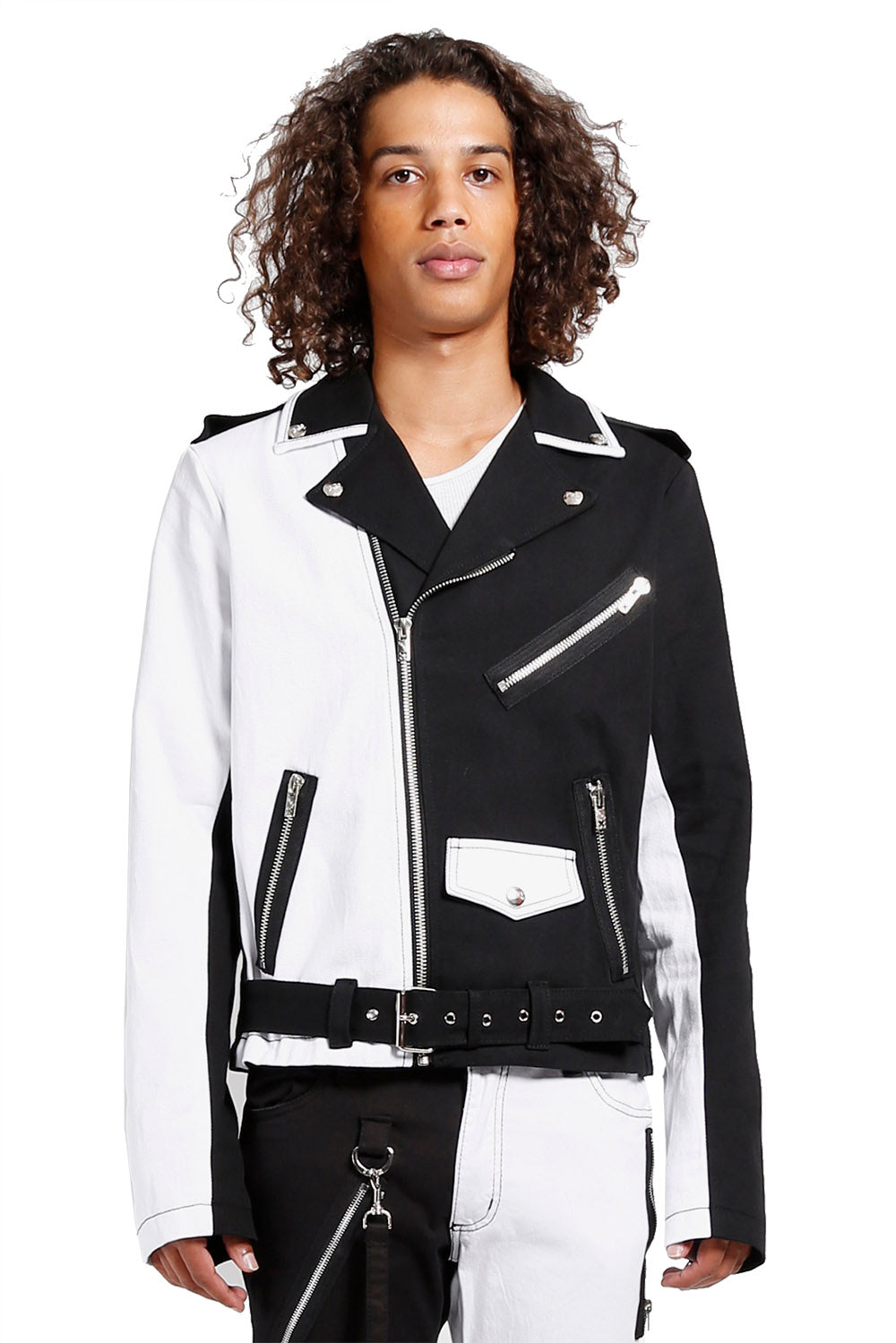 half black half white leather jacket
