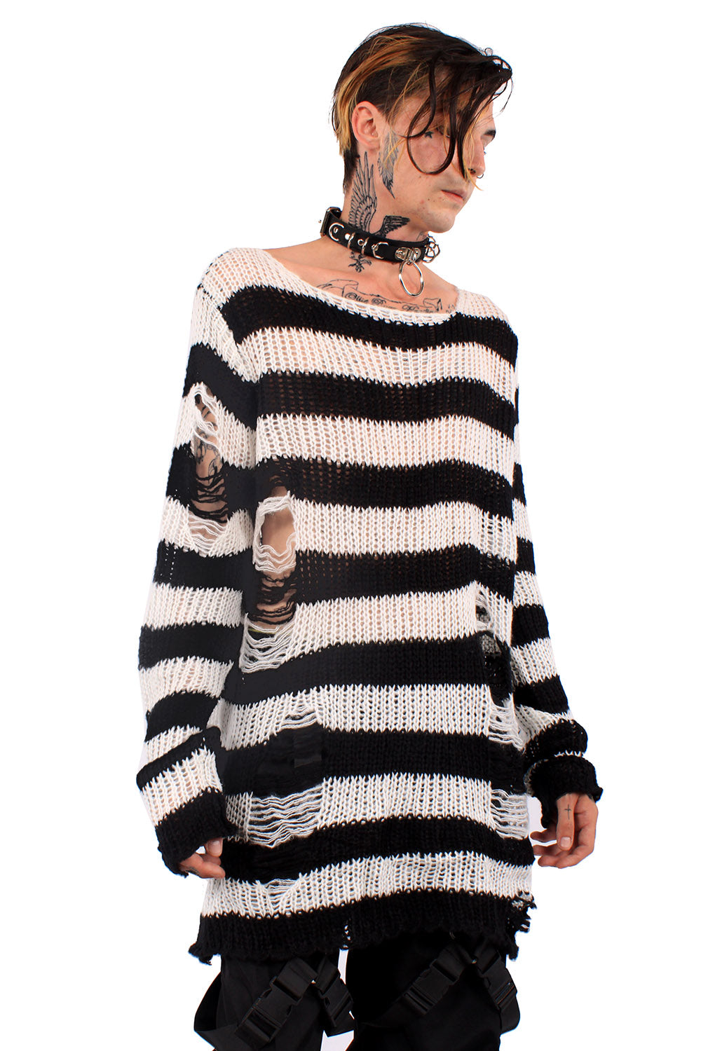 White/Black Striped Distressed Sweater VampireFreaks