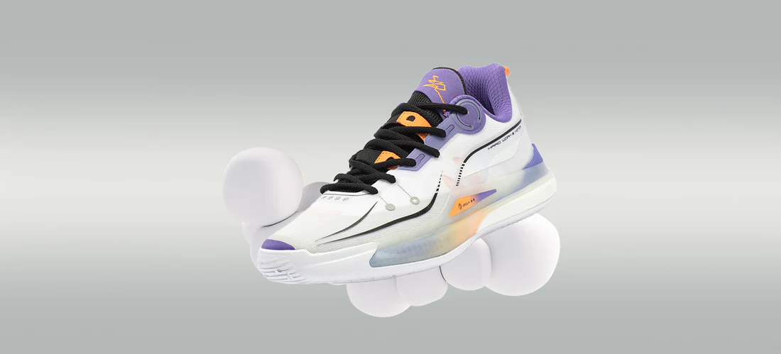 DVD2 CQT in White/Orange/Purple, with RIGID-BOUNCE DOUBLE ENGINE DRIVE. Features Qu!kCQTECH midsole, ENRG-X for agility, and TPU yarn upper for breathability. ARCHLOCK nylon ensures stable support, grippy rubber outsole for traction. Celebrate Spencer Dinwiddie's boldness and stand out with Lakers' collab!