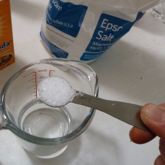 One teaspoon espom salt dropped into quarter cup of water