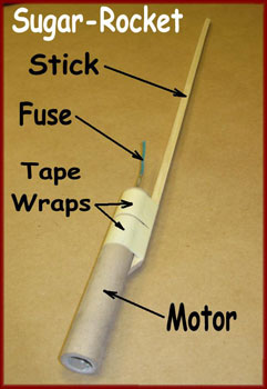 Sugar rocket with stick and fuse attached