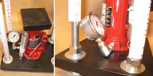 Hydraulic Bottle Jack With Gauge, Installed On Rocket Press