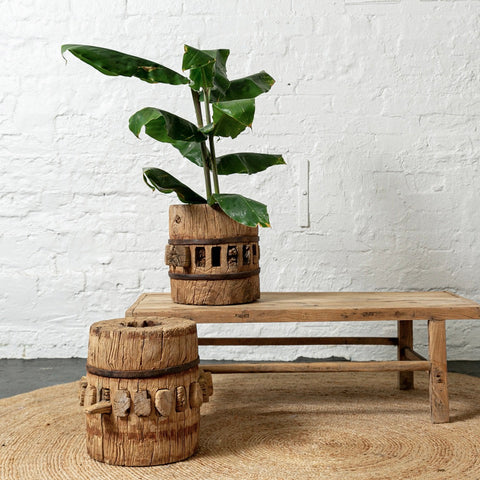 Vintage chinese wood planter from wooden wheel axles from old Chinese carts