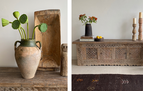 Two images of flowers styled in vintage ceramic flower pots