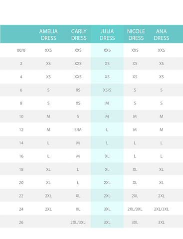 LuLaRoe Julia Sizing Chart with Price