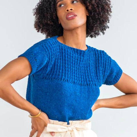 Knit tee pattern with textured fabric in a bright blue.