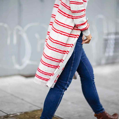 View of the length of the Long Summer Cardigan which is designed to come down to the back of the knees.