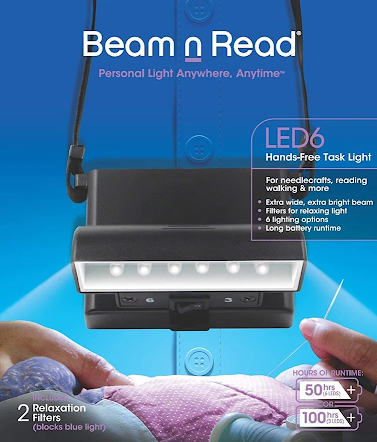 Beam N Read® lights up personal space anywhere. It's worn around the neck and provides hands-free light for tasks like quilting, knitting, reading, camping, changing diapers, and for walking in dim or dark places.