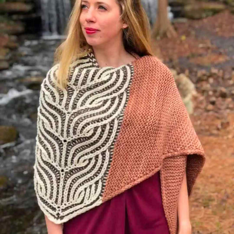 Megan wearing her Fortnight shawl design.