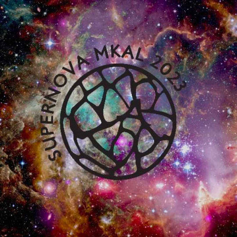 Supernova MKAL image with deep space background and circular logo.