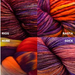 Malabrigo's colorway 850 - Archangel shown on bases Rios, Rasta, Sock and Nube.